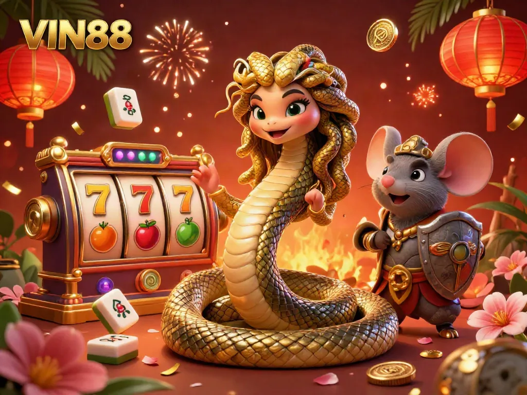Experience thrilling slots and jackpots with VIN88 in a colorful 3D casino illustration.