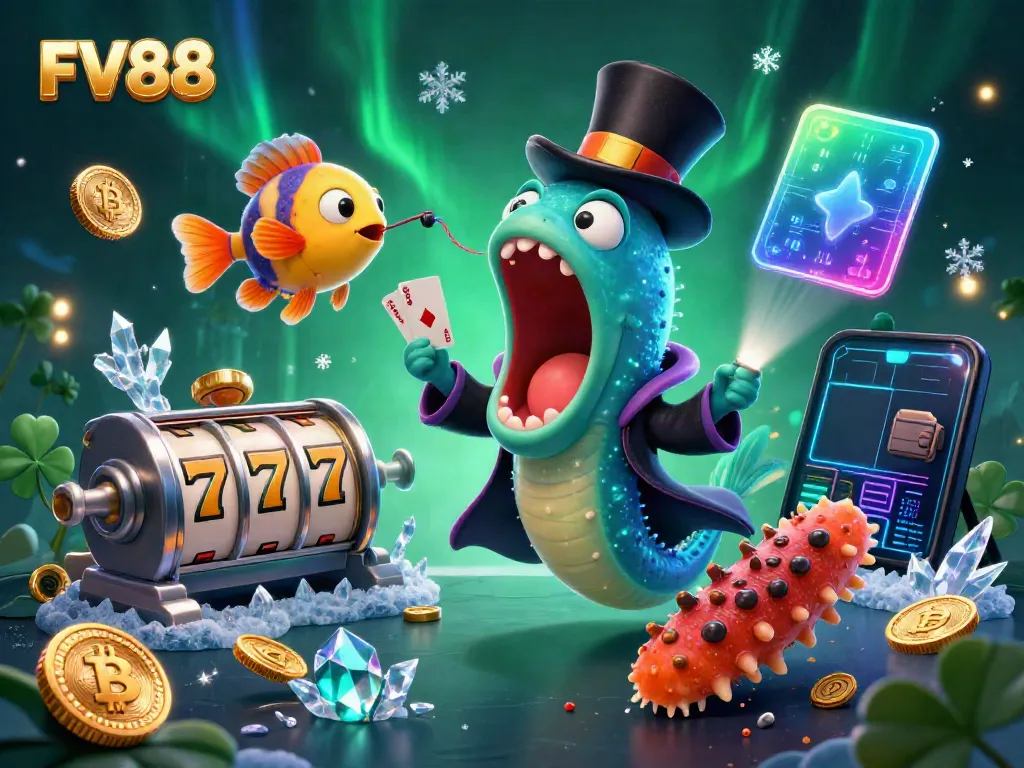 Engage in thrilling gameplay with FV88 featuring magical elements and vibrant casino tokens.