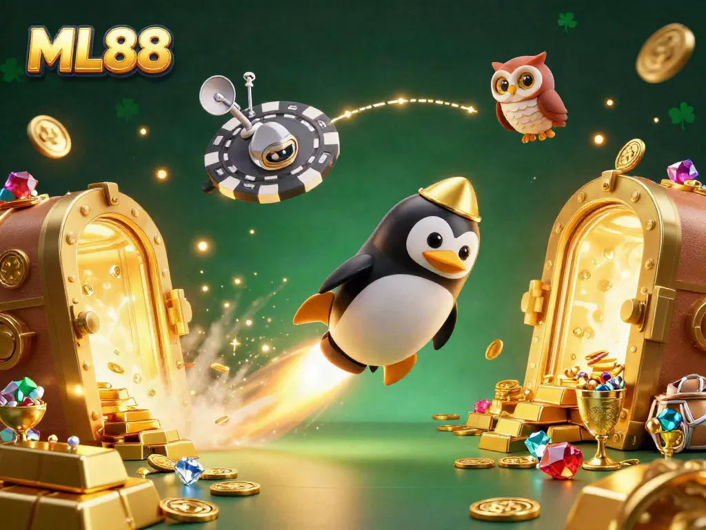 ML88 gaming adventure with a golden penguin and treasure in a vibrant casino-themed space.