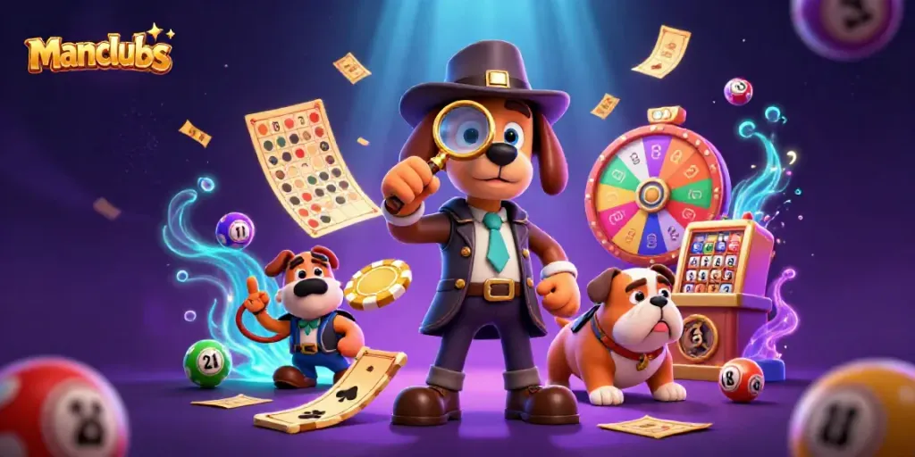Join the excitement at manclubs with a vibrant 3D casino scene featuring a dog detective and treasures.