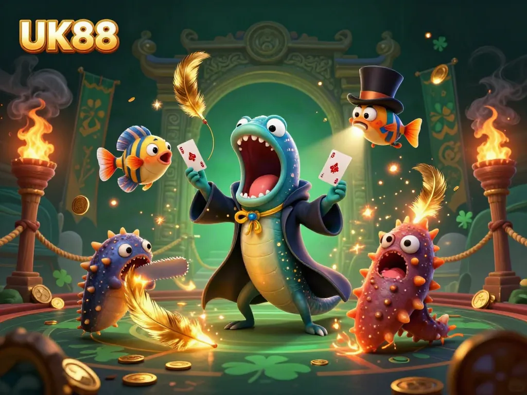 Experience thrilling action at UK88 featuring card tricks by a magician eel in a vibrant casino scene.