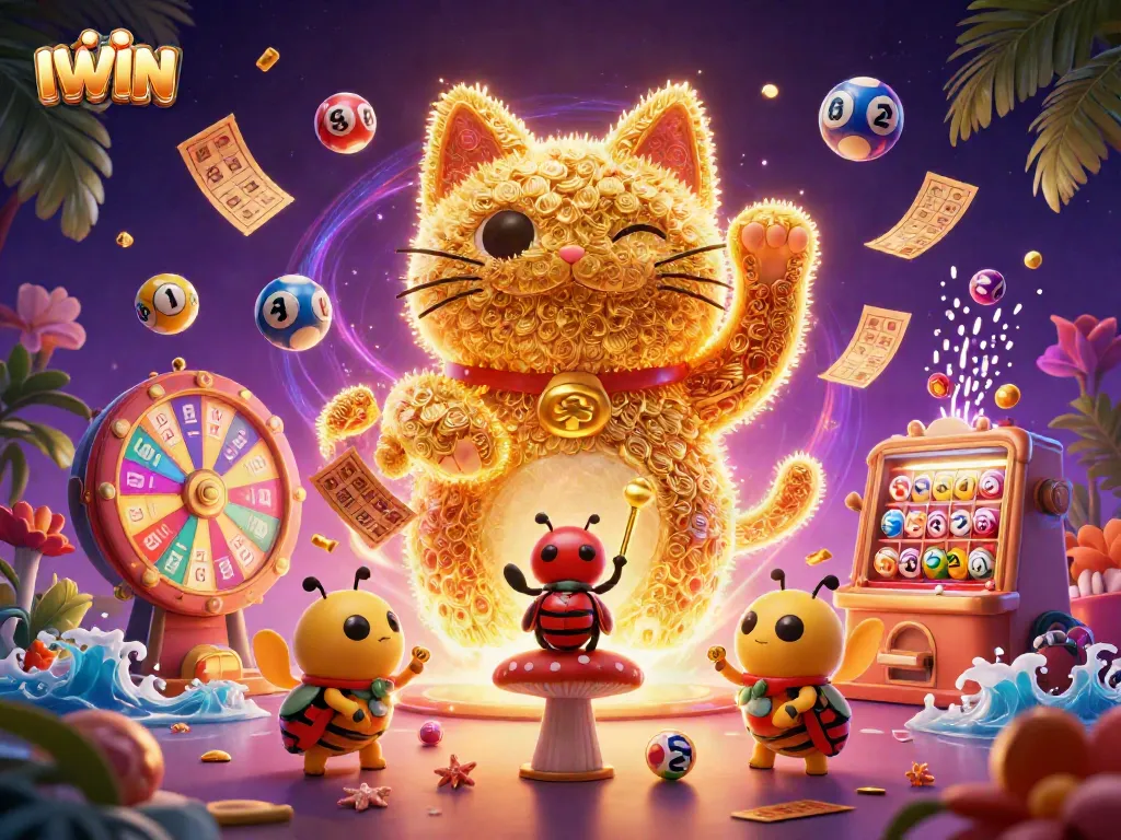 IWIN showcases a vibrant scene with a lucky cat and colorful lottery elements celebrating casino excitement
