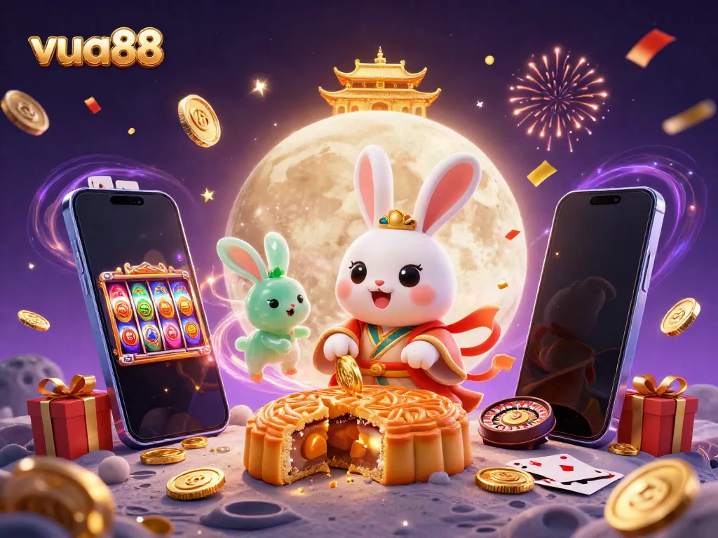 Engage with the enchanting world of vua88, where the moon rabbit unveils hidden treasures amidst a vibrant casino setup.
