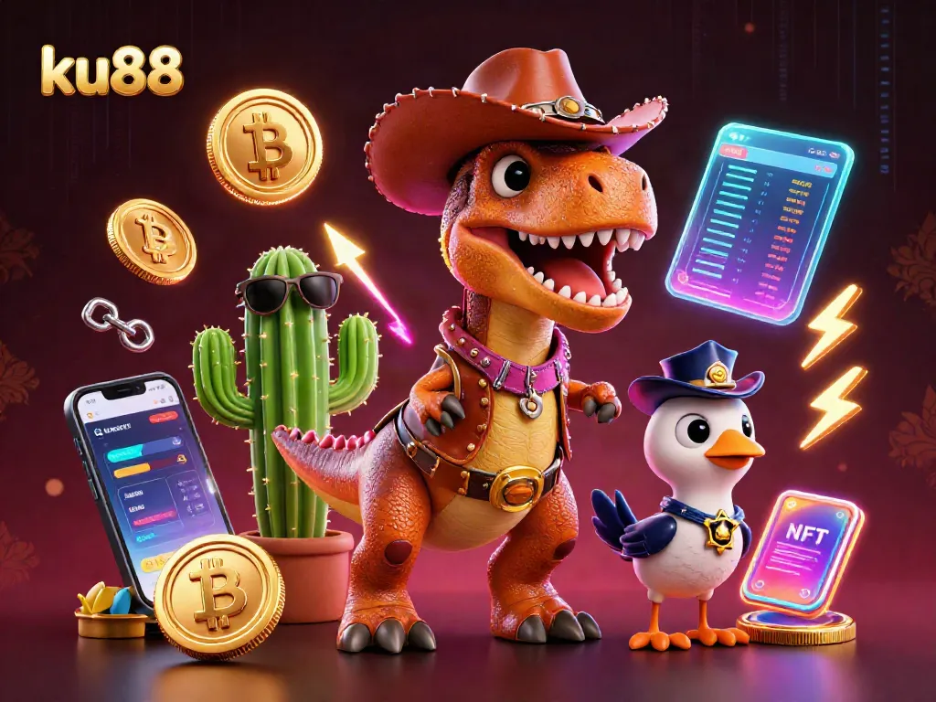 Play at ku88 with a fun-loving dinosaur and friends amidst engaging casino elements.