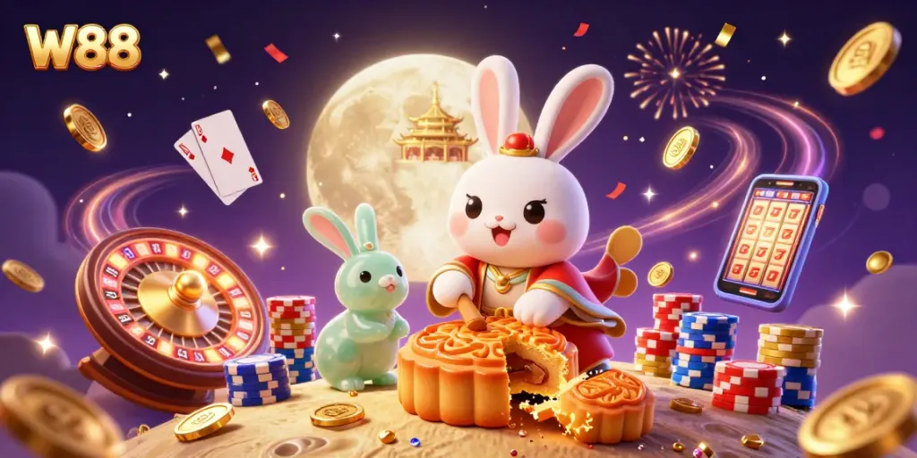 Experience the excitement of W88 with a moon rabbit celebrating wins in a glamorous 3D casino scene.