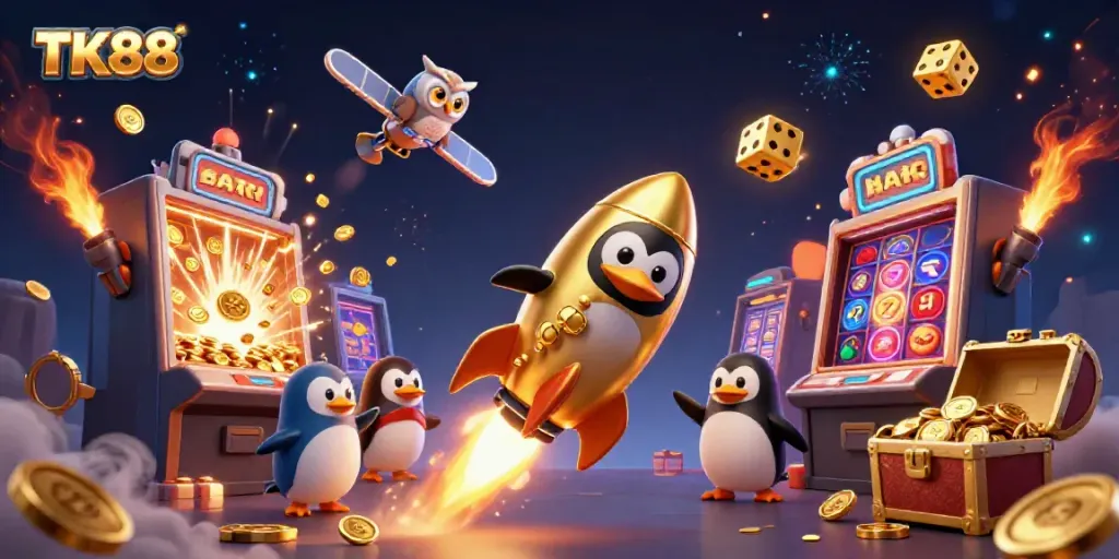Experience the excitement of winning at TK88, where a golden penguin rockets towards a massive jackpot!