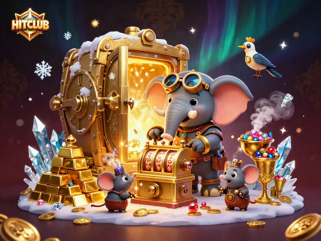 Engage with HITCLUB's exciting gaming experience featuring a dynamic steampunk elephant engineer at a golden slot machine.