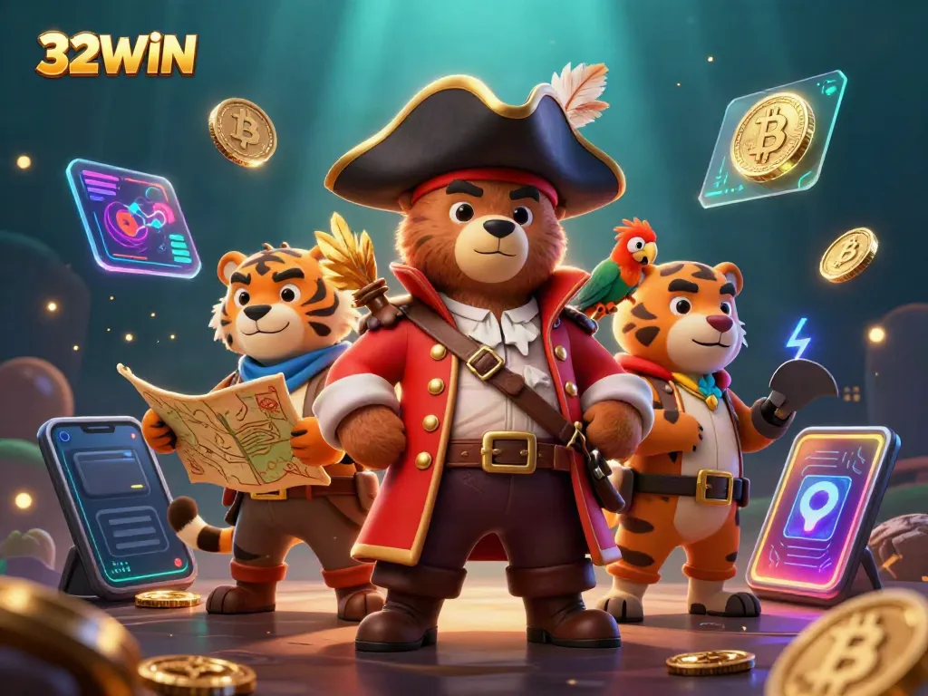 Experience thrilling play at 32WIN with unique characters and glowing cryptocurrency elements.