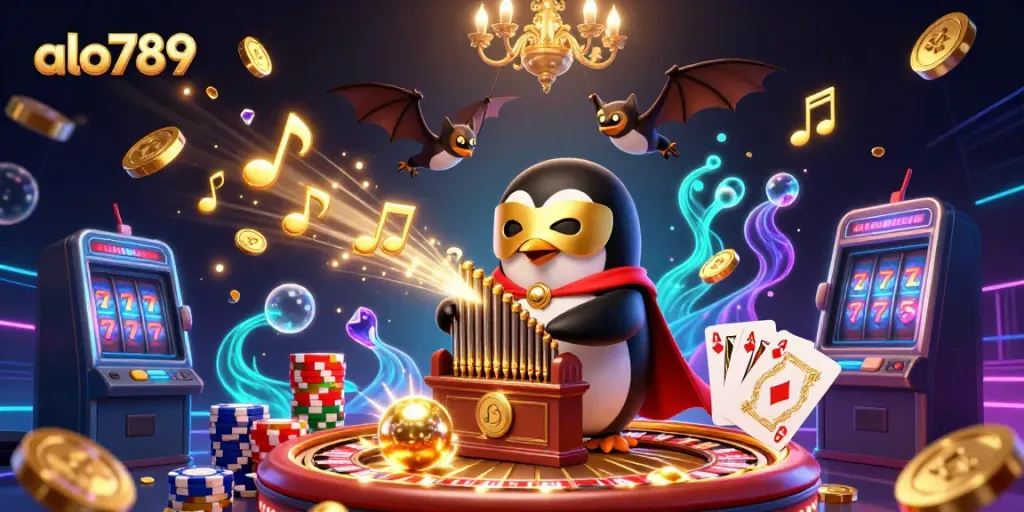 Spin the winning reels at alo789 with vibrant casino elements and engaging characters in a lively atmosphere.