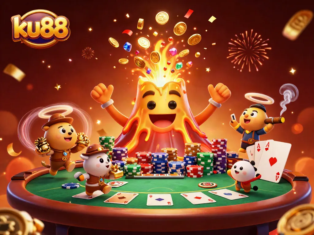 ku88 showcases a vibrant 3D casino scene with a triumphant volcano and gaming elements.