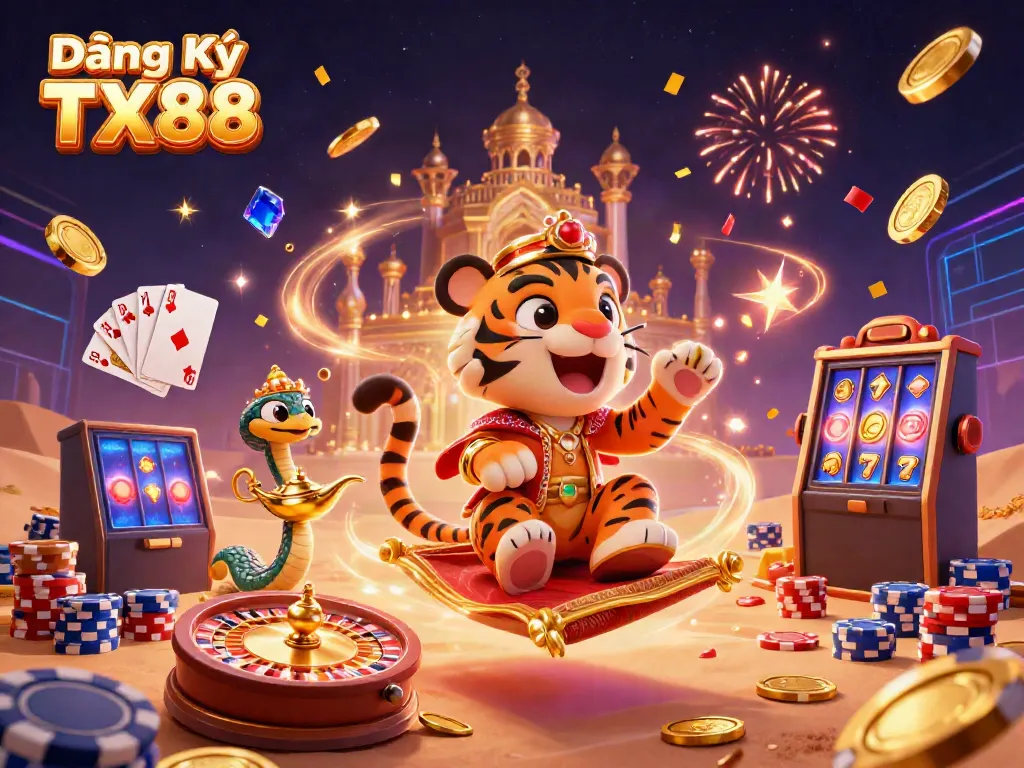 Experience the excitement of Đăng Ký TX88 with a vibrant 3D casino illustration showcasing a tiger sultan, magic snake, and casino elements.