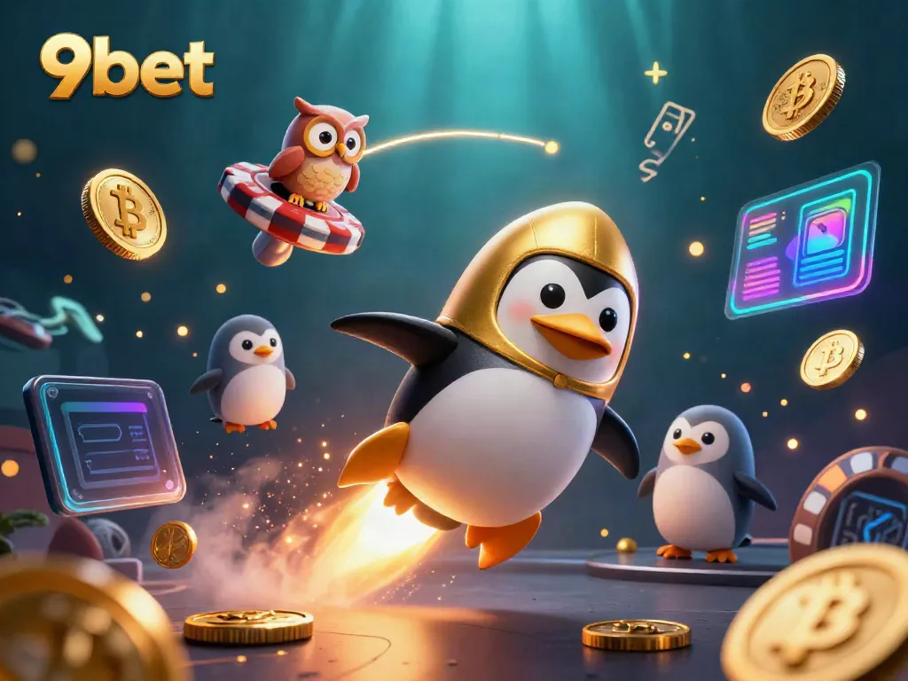 Engage with the vibrant 9bet gaming universe featuring golden penguins and crypto elements.