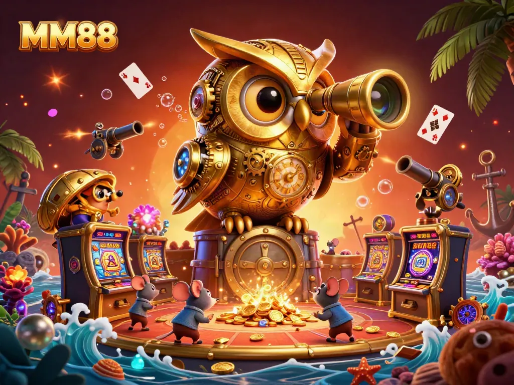 Engage with the immersive MM88 casino experience depicted in a vibrant 3D illustration of a clockwork owl.