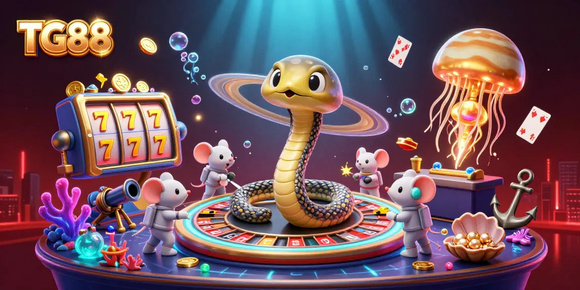 Experience TG88's thrilling universe with cosmic characters amidst a vibrant casino scene full of action.