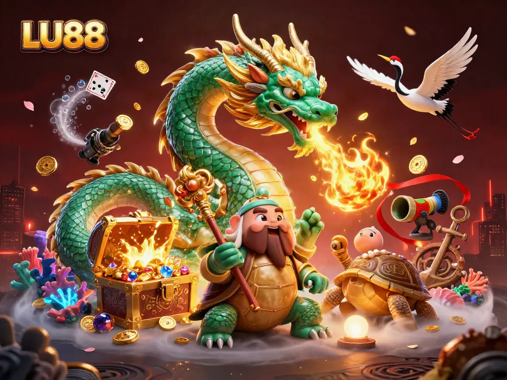 LU88 players enjoy thrilling gaming experiences with a vibrant emerald dragon and lucky symbols.