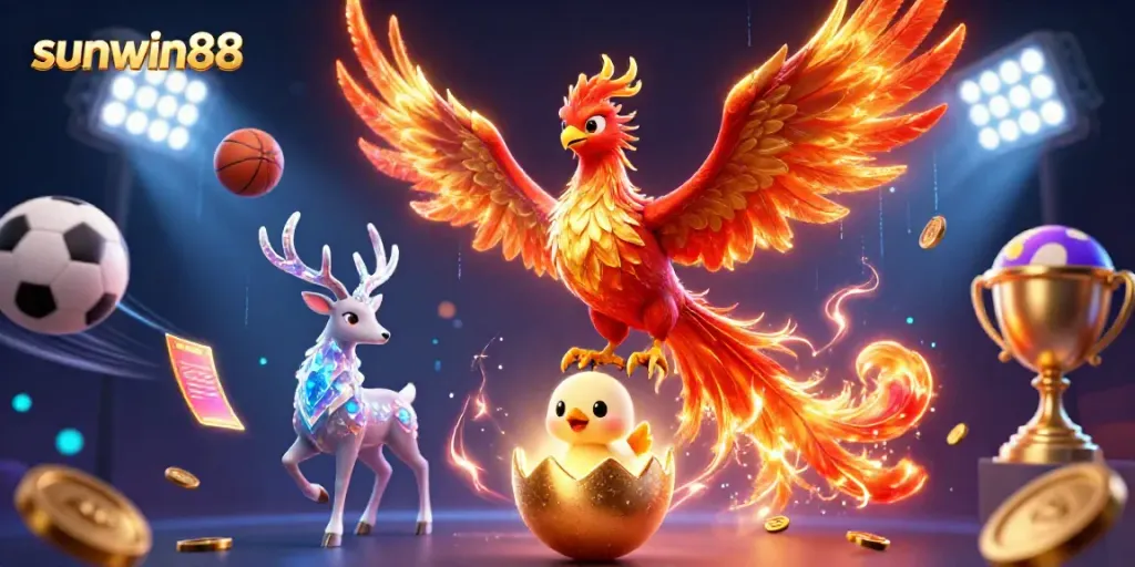Experience the thrilling energy of sunwin88 in this dynamic 3D casino scene featuring vibrant characters and action-packed sports elements.