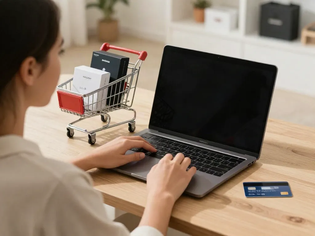 Buy Replica Online items showcased on a laptop in a cozy, stylish home environment.