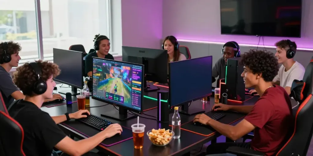 Friends enjoying multiplayer gaming session with vibrant visuals and snacks at kilat 404 setup.