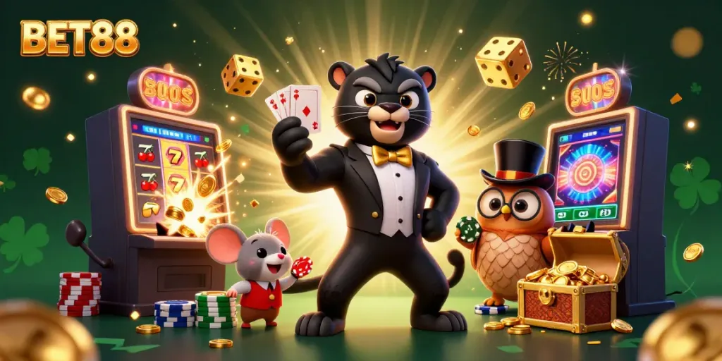 Win big at BET88 with a 3D scene featuring a panther dealer, owl with chips, and mouse in a vibrant casino.