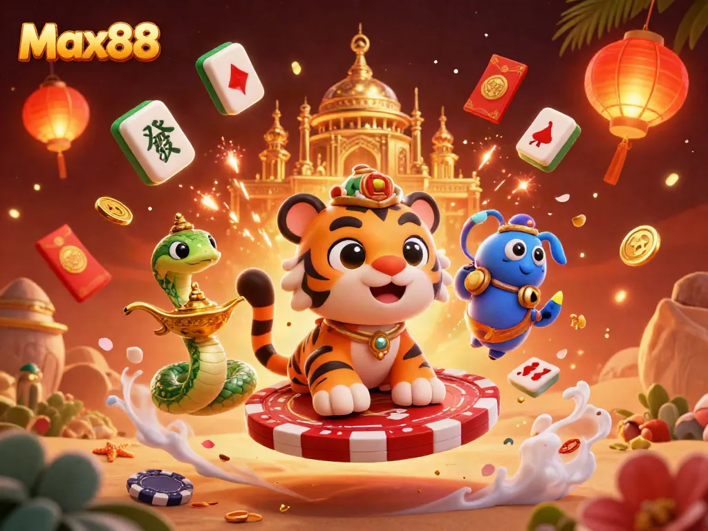 Bet on Max88 with vibrant 3D casino scene featuring a sultan on a flying carpet amidst gambling elements.