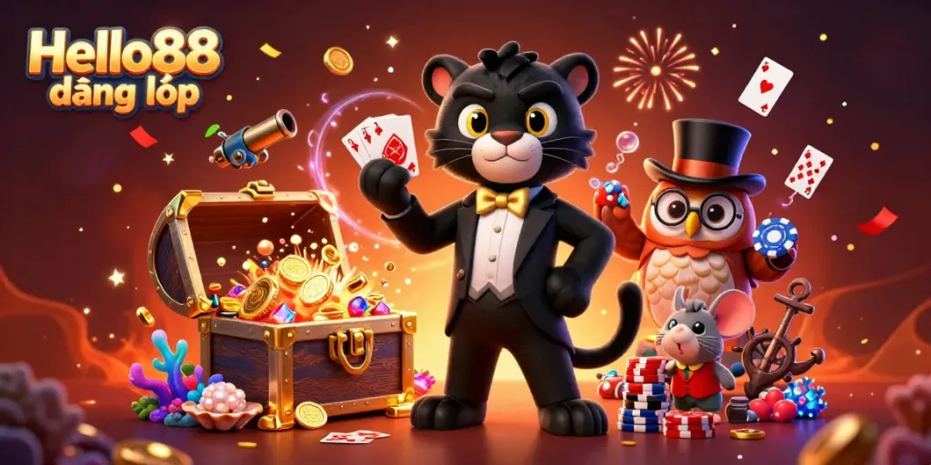 Experience thrilling action with Hello88 đăng nhập in a vibrant 3D casino scene filled with energetic characters and dynamic elements.