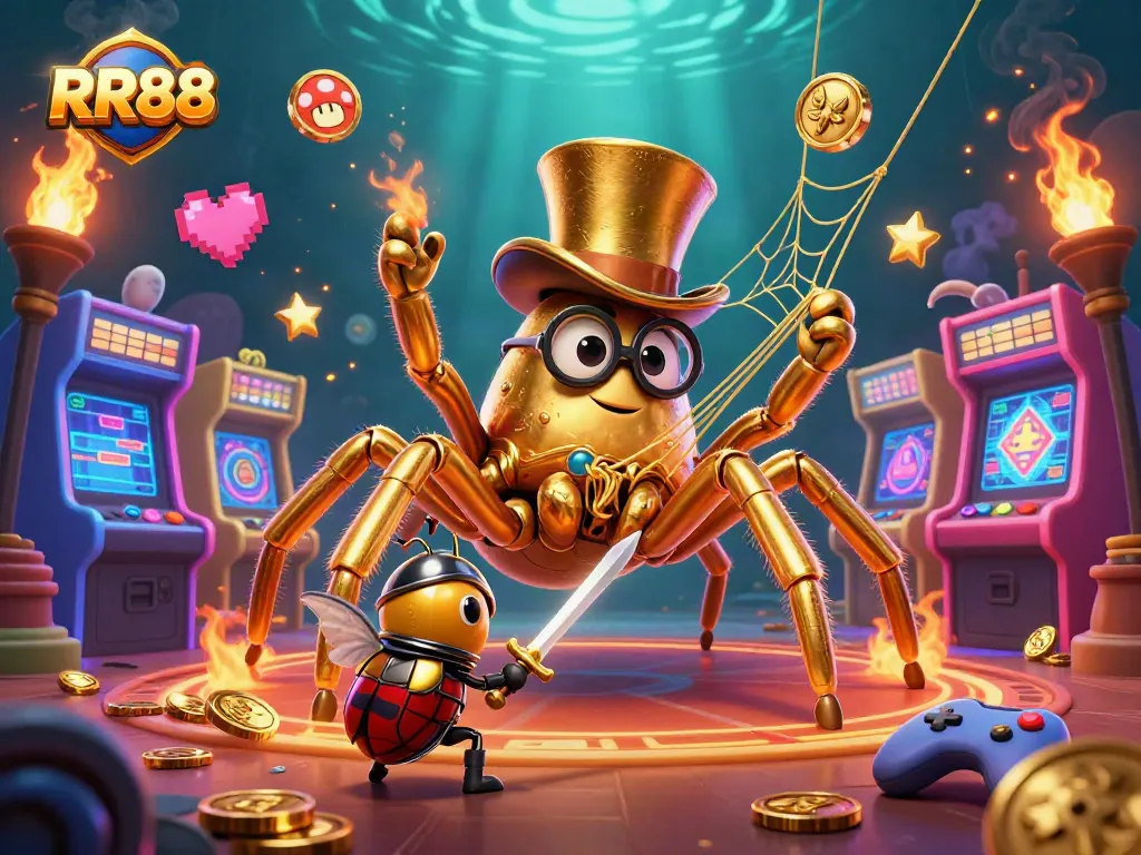 RR88 showcases a vibrant casino scene with a golden tarantula and knight, featuring arcade games and rich elements.