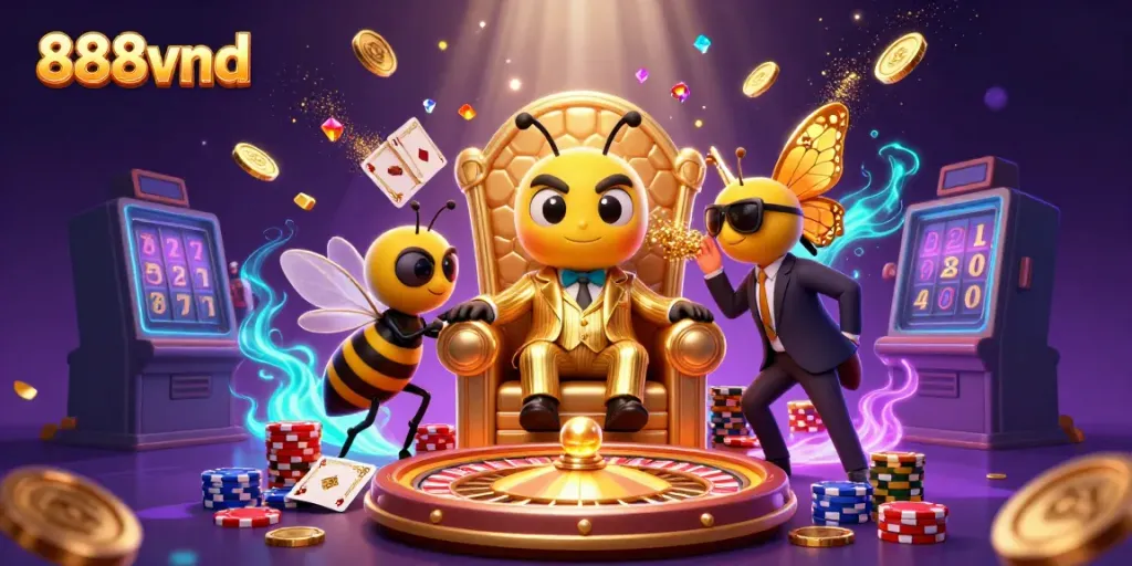 Experience vibrant casino fun with 888vnd, featuring a playful mob boss, sparkling gems, and exciting game elements.