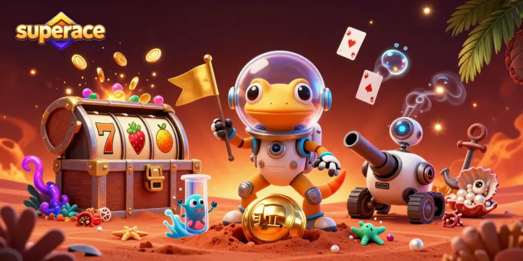 Experience superace action with a vibrant 3D casino scene featuring slots and Martian gecko characters.