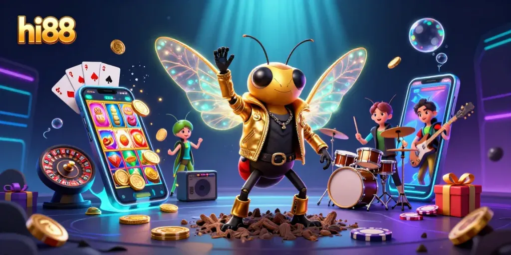 Spin winning slots with hi88, featuring a rock star cicada and dynamic gaming elements.