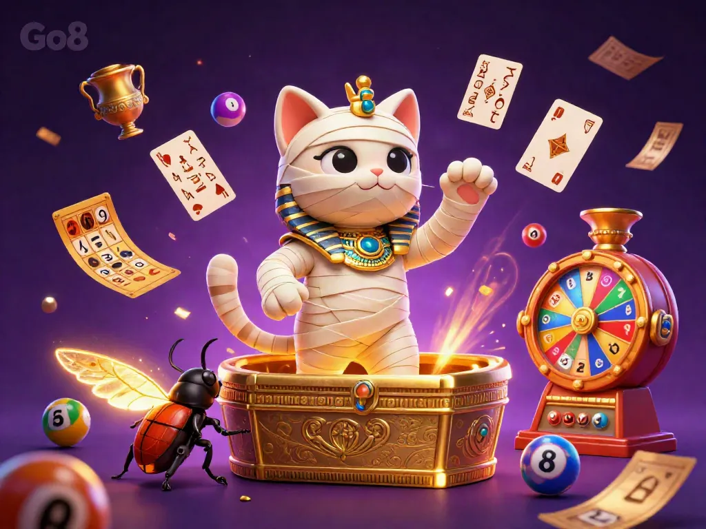Engage in thrilling action at Go8 with a vibrant 3D casino scene featuring an Egyptian mummy cat and a magical atmosphere.