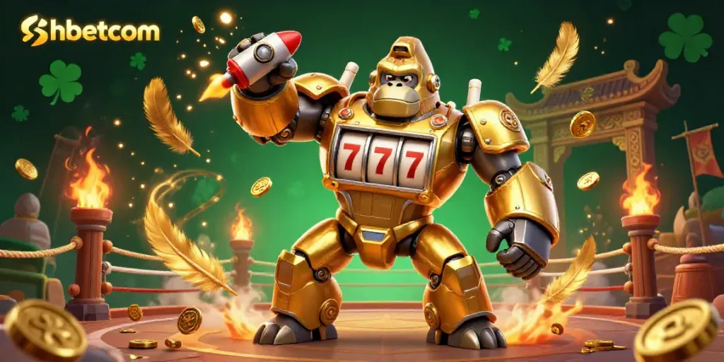 Engage with shbetcom's dynamic casino experience through an explosive 3D gorilla mech themed illustration.