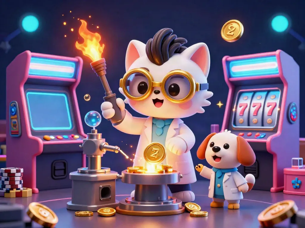 WINLAH offers a lively gaming scene showcasing a mad scientist cat creating a gold-coin machine.