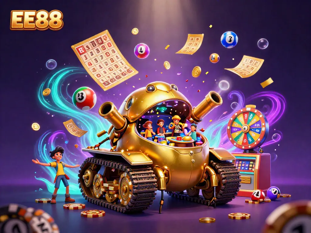 Experience the excitement of EE88 with a vibrant casino-themed 3D illustration showcasing a golden beetle tank bursting with fun and games.