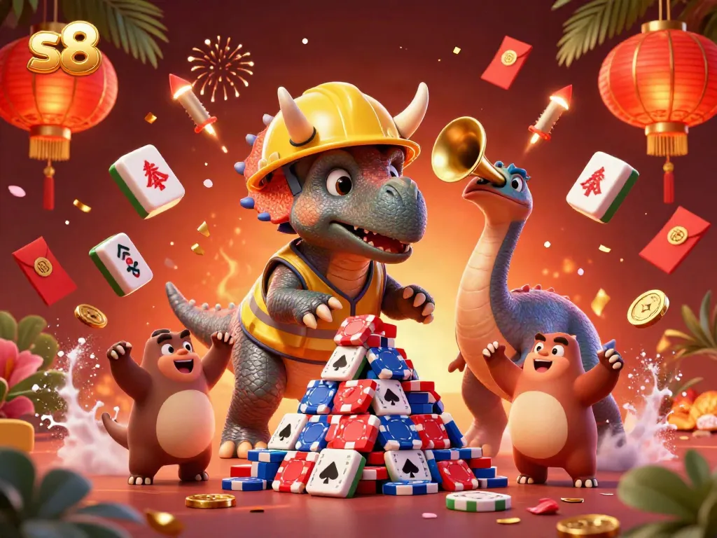 Engage with the lively s8 scene showcasing a triceratops building a poker chip pyramid amid a festive casino atmosphere.