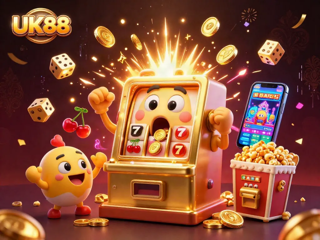 UK88 slot machine celebrating a jackpot explosion with cheering mini slot machines in a vibrant casino scene.