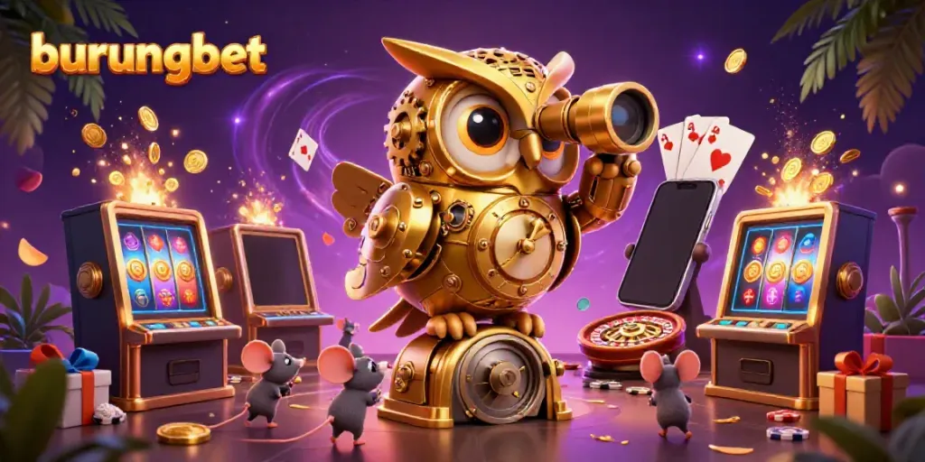 Engage in thrilling casino action with burungbet, showcasing vibrant slot games and animated characters.