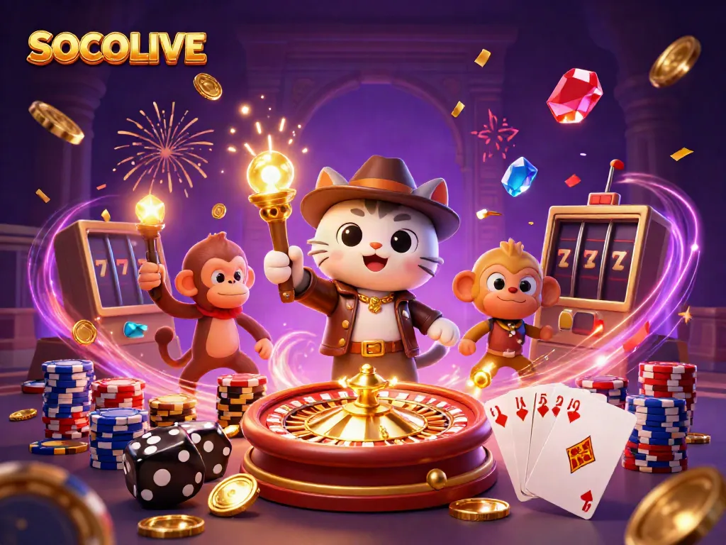 Engage with SOCOLIVE's thrilling casino atmosphere featuring an adventurous cat and monkey amidst cascading coins and gems.