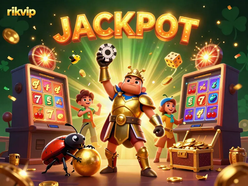 Experience the thrill of rikvip with victorious characters and casino excitement in this dynamic 3D illustration.