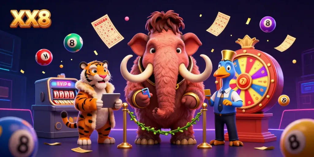 Exciting XX8 casino scene depicting a woolly mammoth checking IDs, surrounded by festive lottery elements.