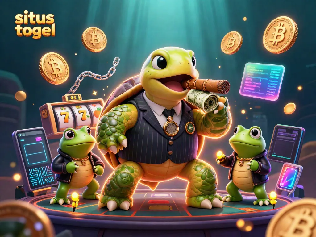 Engage with situs togel space featuring a cigar-chomping turtle and frog enforcers amid dynamic gaming elements.