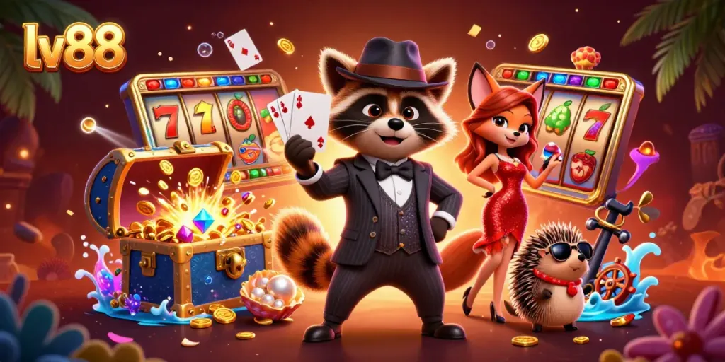 Experience lv88's thrilling slots scene with vibrant characters, jackpot excitement, and casino elements.