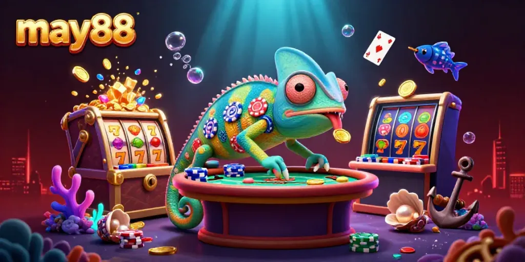 Play with may88 by spinning slot reels amidst vibrant underwater casino visuals.