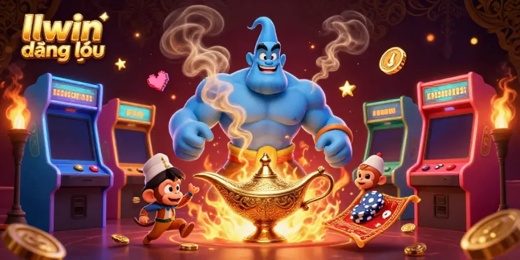 Engage with llwin đăng nhập through a vibrant 3D casino scene featuring a blue genie and gaming elements.