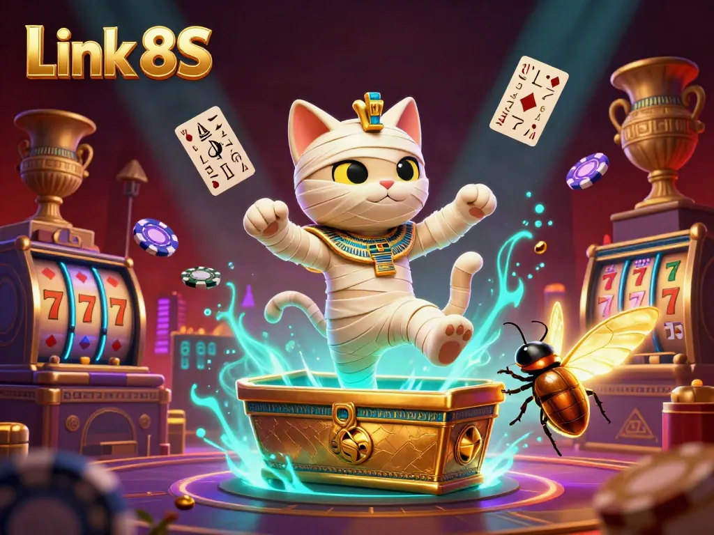 Engage with Link 8S in a vibrant casino scene with a mummy cat and glowing scarab.