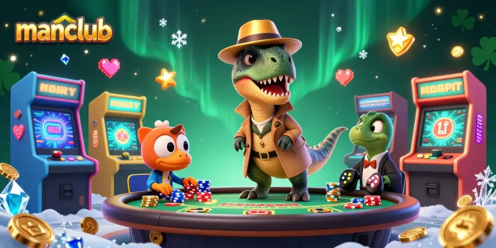 Experience thrilling gameplay at Manclub with a velociraptor card counter and vibrant casino elements.