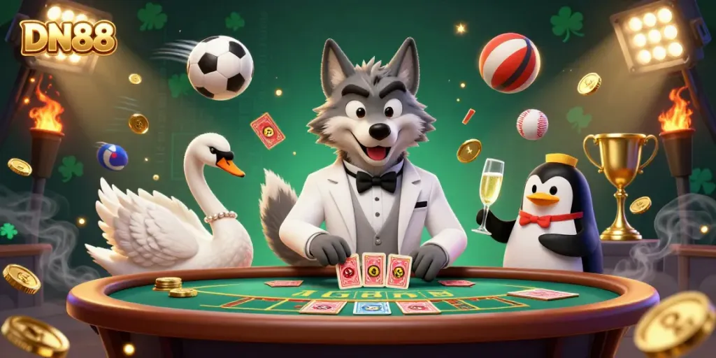Experience thrilling gameplay at DN88 with a debonair wolf, elegant swan, and sophisticated penguin in a lively casino scene.