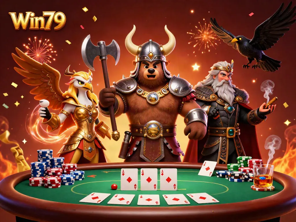 Win79 casino scene featuring a Viking berserker bear, playing cards, and poker chips with a festive atmosphere.