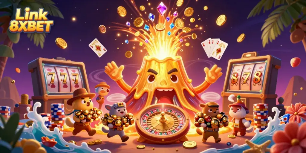 Experience thrilling wins at Link 8XBET with vibrant casino elements in a dynamic 3D illustration.