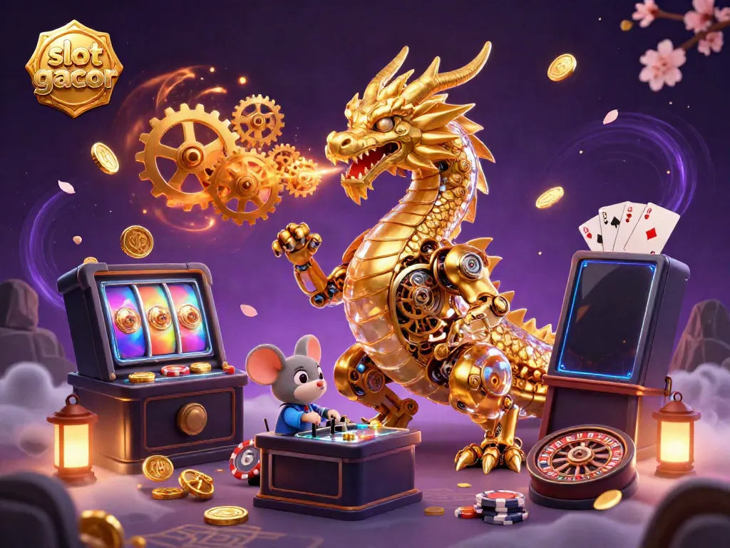 Engage with the vibrant scene of a golden dragon amidst slot gacor elements like spinning reels and golden coins.