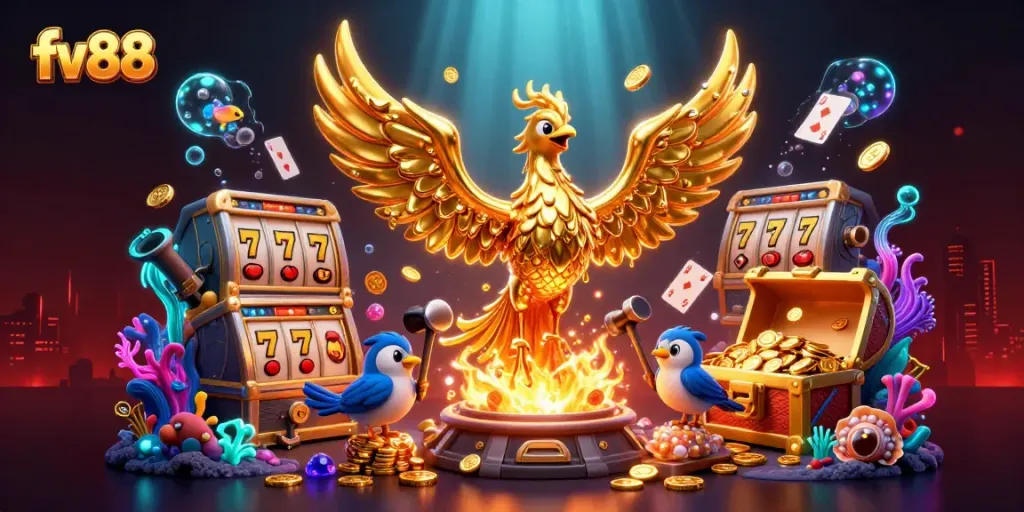 Watch the fv88 phoenix ignite excitement in a dynamic casino scene filled with gold and games.